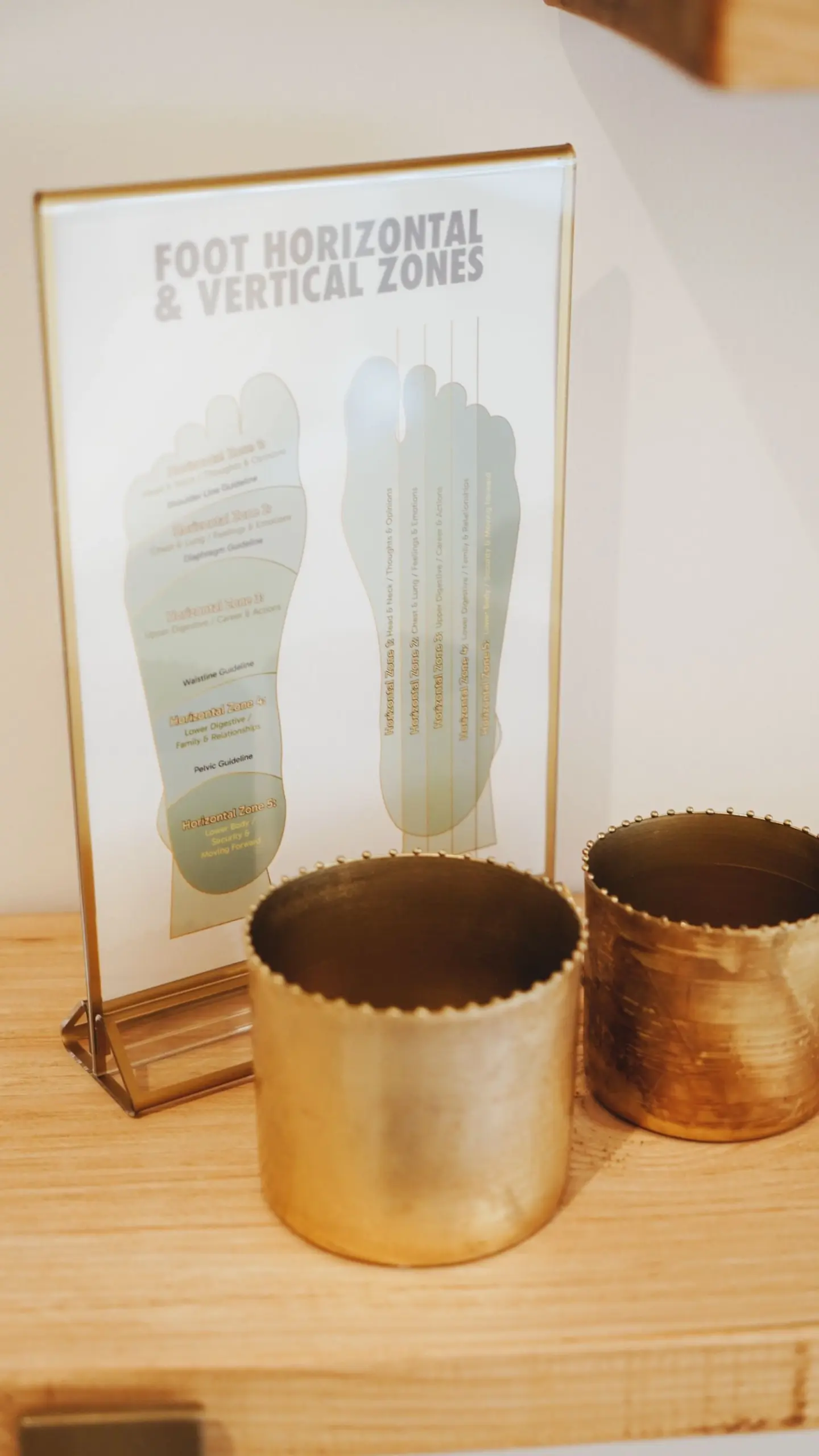 Reflexology poster with copper cups on a wooden surface